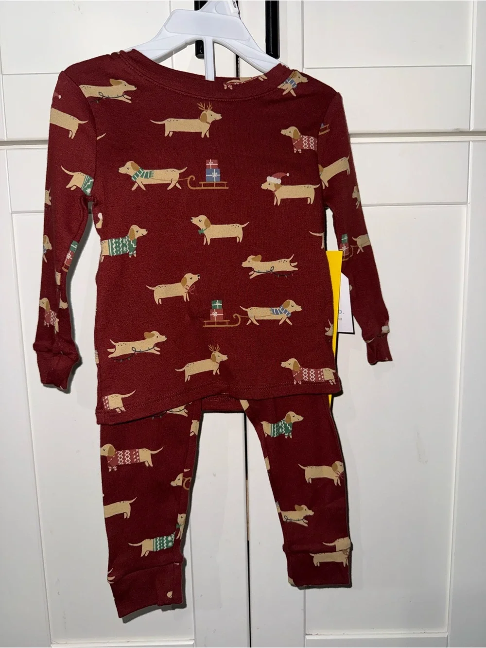 NEW Burgundy Dachshund Christmas Print Pajama Set  Long Sleeve & Pants SZ 12M